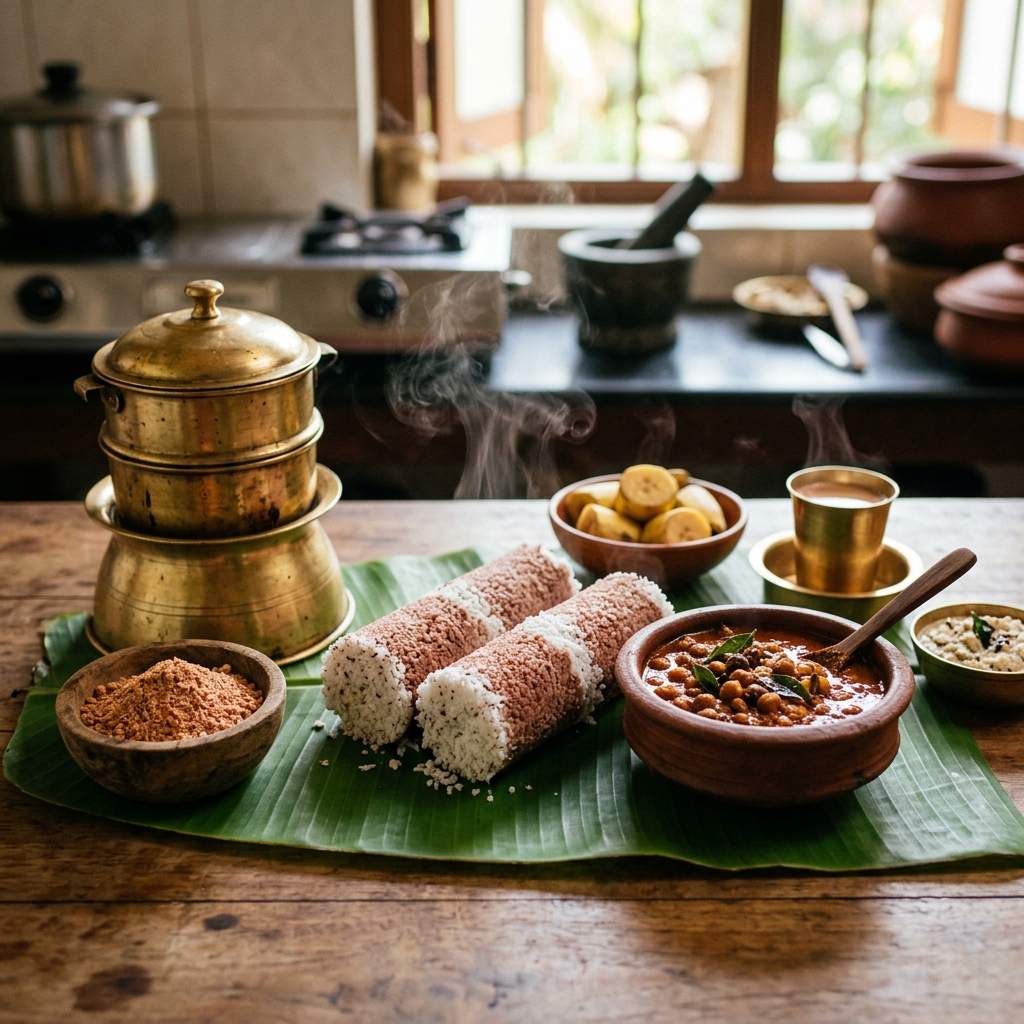 Steamed Kerala Puttu & Spicy Kadala Curry (The Classic Breakfast)